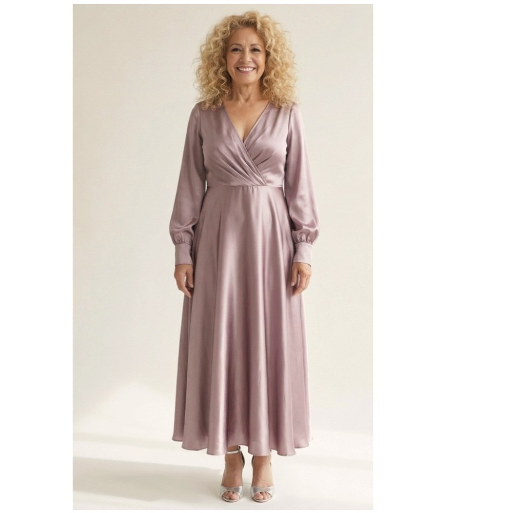 New Okbridal Pink‎ Satin Evening Dress Long Sleeve Maxi Large Wedding Guest